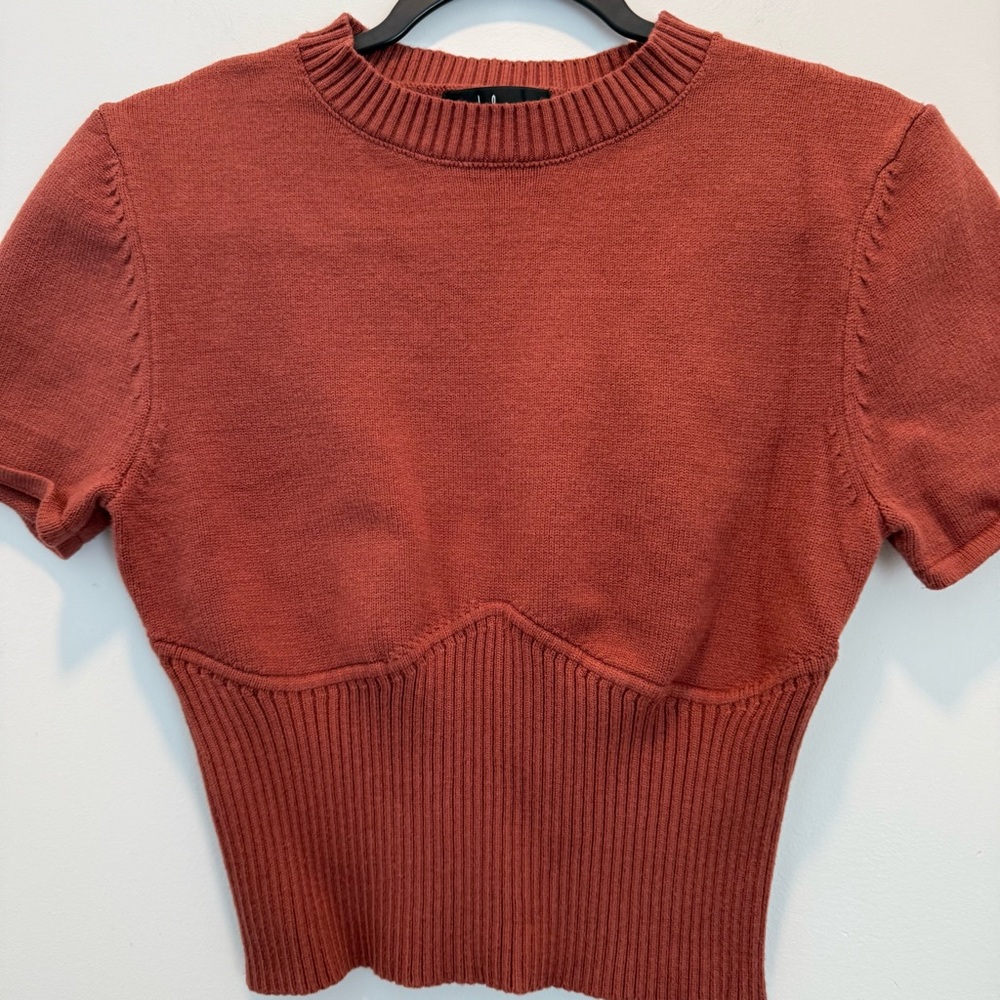 Lulus Everyone's a Winter Rust Brown Short Sleeve Seamed Sweater Top XL - Picture 5 of 11
